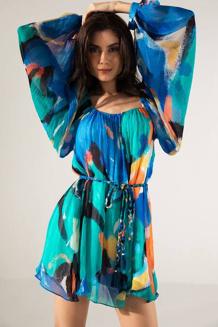 Shop Reena Sharma Blue Viscose, Cotton Round Neck Mira Printed Short Dress Online at Aza Fashions Shop_Reena Sharma_Blue Viscose, Cotton Round Neck Mira Printed Short Dress _Online_at_Aza_Fashions