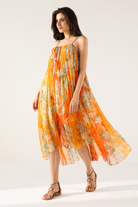 Reena Sharma_Orange Cotton, Viscose Beads, Embroidery Round Vaani Floral Print Midi Dress _Online_at_Aza_Fashions
