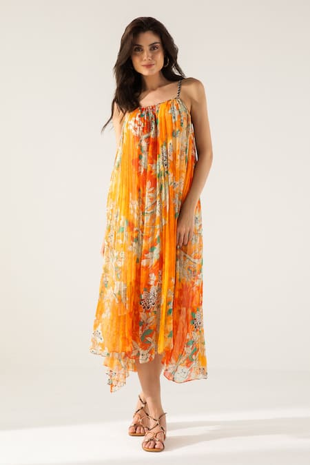 Reena Sharma_Orange Cotton, Viscose Beads, Embroidery Round Vaani Floral Print Midi Dress _at_Aza_Fashions