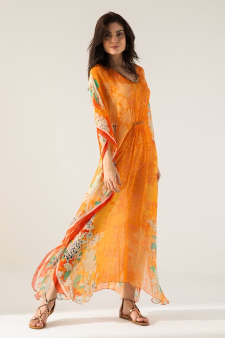 Reena Sharma Orange Viscose, Chiffon Sequins, Beads V-neck Vaani Floral Print Kaftan Online at Aza Fashions Reena Sharma_Orange Viscose, Chiffon Sequins, Beads V-neck Vaani Floral Print Kaftan _Online_at_Aza_Fashions