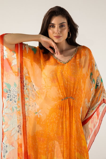 Buy Reena Sharma Orange Viscose, Chiffon Sequins, Beads V-neck Vaani Floral Print Kaftan Online at Aza Fashions Buy_Reena Sharma_Orange Viscose, Chiffon Sequins, Beads V-neck Vaani Floral Print Kaftan _Online_at_Aza_Fashions
