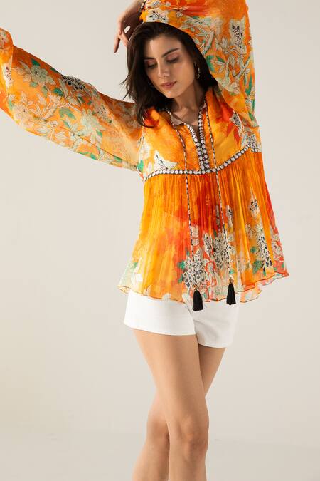 Reena Sharma Orange Viscose, Cotton Embroidery Vaani Floral Print Top Online at Aza Fashions Reena Sharma_Orange Viscose, Cotton Embroidery Vaani Floral Print Top _Online_at_Aza_Fashions
