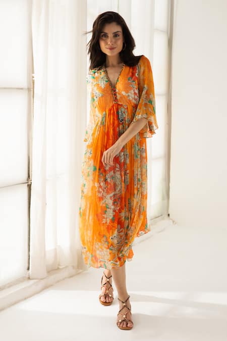 Reena Sharma_Orange Viscose, Cotton Sequins, Beads V-neck Vaani Floral Pattern Midi Dress _Online_at_Aza_Fashions