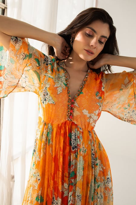 Buy_Reena Sharma_Orange Viscose, Cotton Sequins, Beads V-neck Vaani Floral Pattern Midi Dress _Online_at_Aza_Fashions