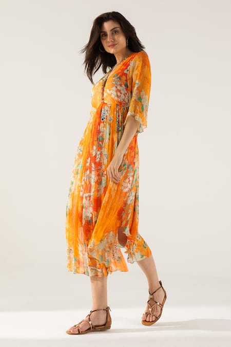 Shop_Reena Sharma_Orange Viscose, Cotton Sequins, Beads V-neck Vaani Floral Pattern Midi Dress _Online_at_Aza_Fashions