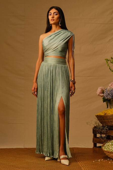 Buy_Aroka_Green Modal Satin One Shoulder Mia Ruched Crop Top _Online_at_Aza_Fashions