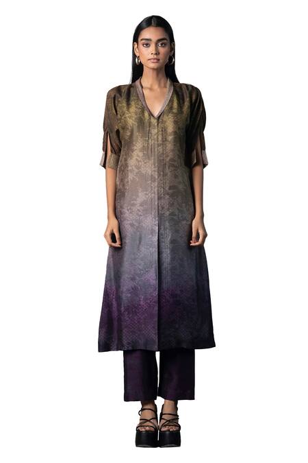 Clos Purple Silk Embroidery Collared Straight Ombre Print Panelled Kurta Online at Aza Fashions Clos_Purple Silk Embroidery Collared Straight Ombre Print Panelled Kurta _Online_at_Aza_Fashions