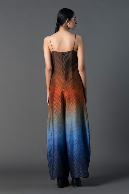 Shop_Clos_Multi Color Silk V-neck Autumn Ombre Print Jumpsuit _at_Aza_Fashions