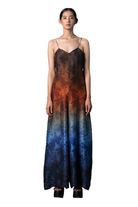Buy_Clos_Multi Color Silk V-neck Autumn Ombre Print Jumpsuit _Online_at_Aza_Fashions