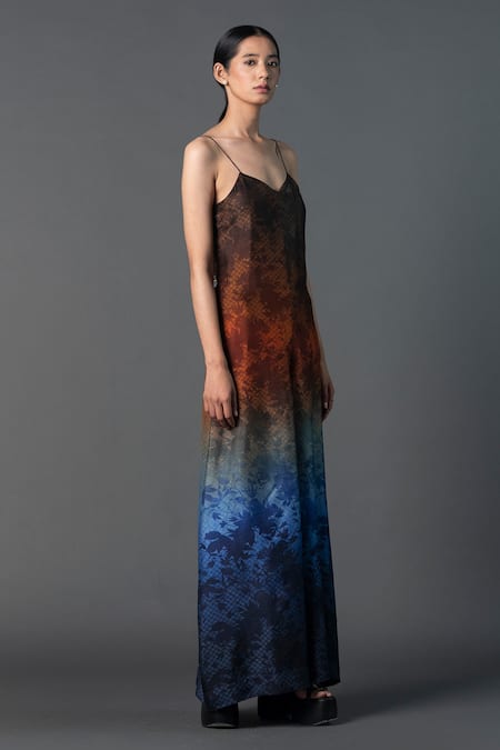 Clos_Multi Color Silk V-neck Autumn Ombre Print Jumpsuit _at_Aza_Fashions