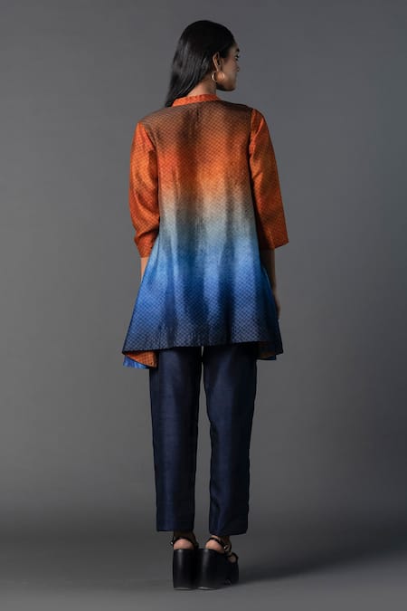 Shop_Clos_Blue Silk, Cotton Mandarin Collar High-low Ombre Print Tunic With Pant _at_Aza_Fashions