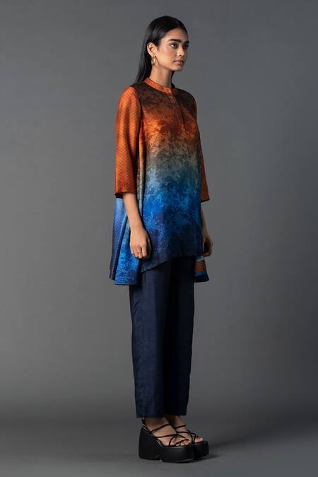 Clos_Blue Silk, Cotton Mandarin Collar High-low Ombre Print Tunic With Pant _Online_at_Aza_Fashions
