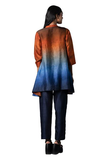 Buy_Clos_Blue Silk, Cotton Mandarin Collar High-low Ombre Print Tunic With Pant _Online_at_Aza_Fashions