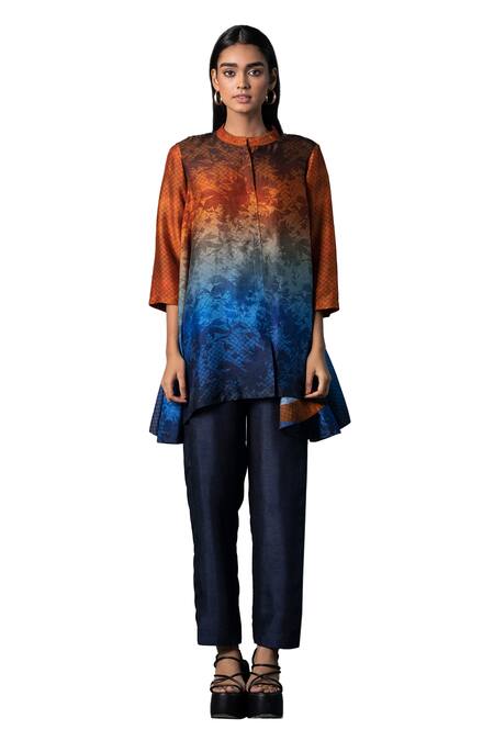 Shop_Clos_Blue Silk, Cotton Mandarin Collar High-low Ombre Print Tunic With Pant _Online_at_Aza_Fashions