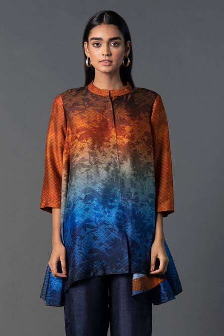Clos_Blue Silk, Cotton Mandarin Collar High-low Ombre Print Tunic With Pant _at_Aza_Fashions