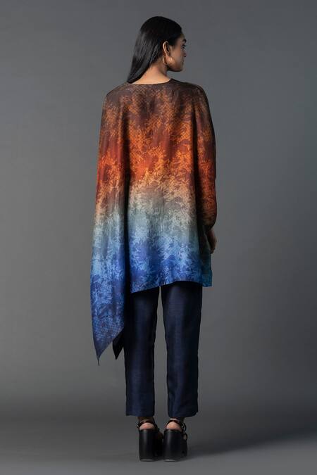 Shop Clos Blue Silk, Cotton V-neck Assymetric Longline Cut Ombre Print Kurta With Pant at Aza Fashions Shop_Clos_Blue Silk, Cotton V-neck Assymetric Longline Cut Ombre Print Kurta With Pant _at_Aza_Fashions