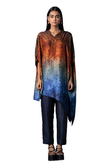 Shop Clos Blue Silk, Cotton V-neck Assymetric Longline Cut Ombre Print Kurta With Pant Online at Aza Fashions Shop_Clos_Blue Silk, Cotton V-neck Assymetric Longline Cut Ombre Print Kurta With Pant _Online_at_Aza_Fashions