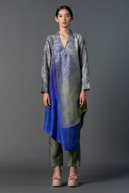 Clos Grey Dupion Silk Print Ombre Lapel Assymetric Pleated Shirt Tunic With Pant