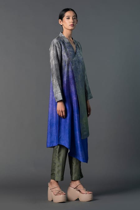 Clos_Grey Silk Collared Assymetric Print Pleated Shirt Tunic With Pant _Online_at_Aza_Fashions