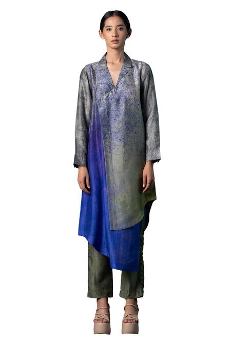 Shop_Clos_Grey Silk Collared Assymetric Print Pleated Shirt Tunic With Pant _Online_at_Aza_Fashions