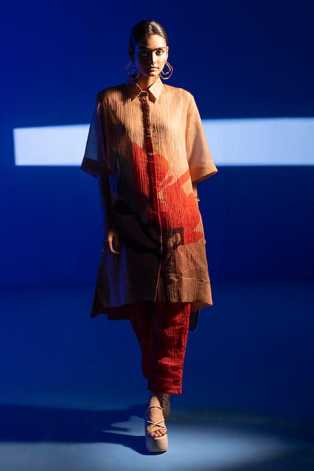 Shop Clos Multi Color Cotton Collared Abstract Print Straight Shirt Kurta And Pant Set Online at Aza Fashions Shop_Clos_Multi Color Cotton Collared Abstract Print Straight Shirt Kurta And Pant Set _Online_at_Aza_Fashions