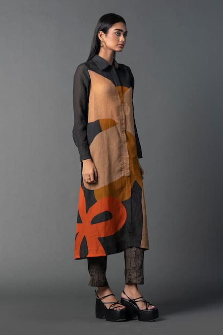 Shop_Clos_Multi Color Silk, Cotton Collared Floral Print Straight Shirt Kurta And Pant Set _Online_at_Aza_Fashions