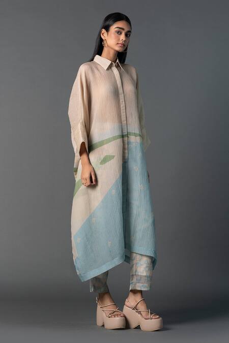 Buy_Clos_Multi Color Silk Collared A-line Abstract Print Shirt Kurta And Pant Set _Online_at_Aza_Fashions