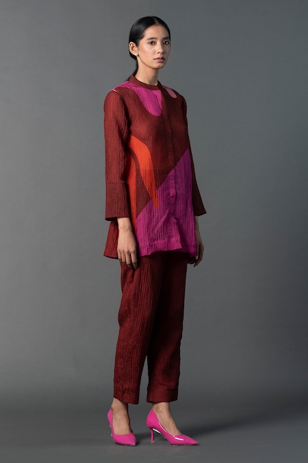 Clos Maroon Shimmer Cupro Print Abstract Grandeur Contemporary Kurta And Pant Set