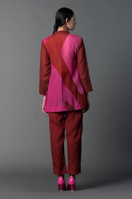 Shop_Clos_Maroon Silk Mandarin Grandeur Contemporary Abstract Print Kurta And Pant Set _at_Aza_Fashions