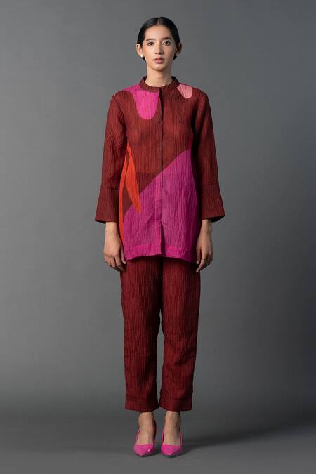 Shop_Clos_Maroon Silk Mandarin Grandeur Contemporary Abstract Print Kurta And Pant Set _Online_at_Aza_Fashions