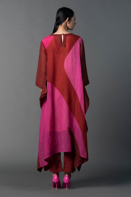 Shop_Clos_Maroon Silk Round Neck Contemporary Print Draped Kurta And Pant Set _at_Aza_Fashions