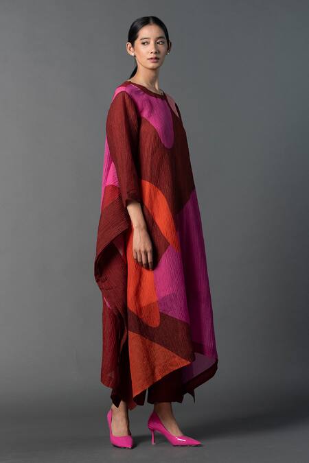 Shop_Clos_Maroon Silk Round Neck Contemporary Print Draped Kurta And Pant Set _Online_at_Aza_Fashions