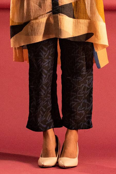 Clos_Multi Color Silk Collared Abstract Print Straight High-low Kurta And Pant Set _Online_at_Aza_Fashions