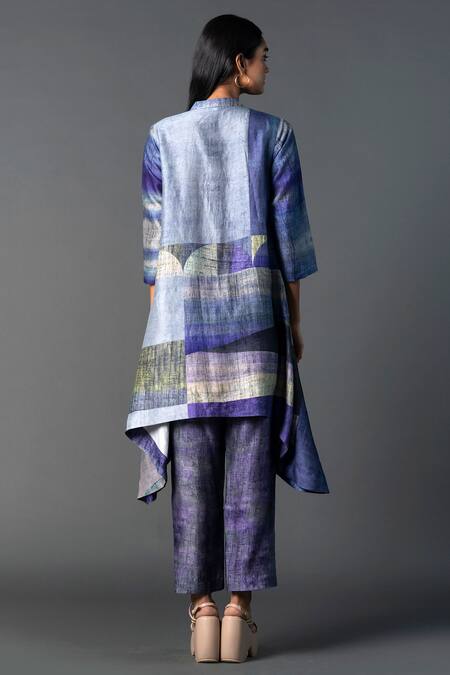 Shop_Clos_Purple Silk Mandarin Collar Abstract Print Asymmetric Kurta With Pant _at_Aza_Fashions