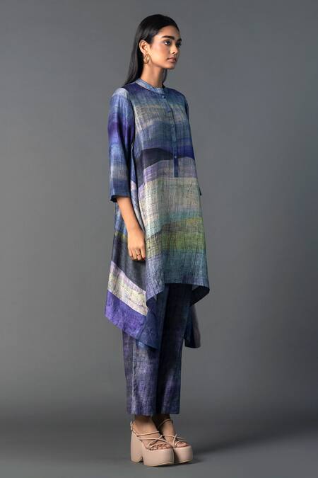 Clos_Purple Silk Mandarin Collar Abstract Print Asymmetric Kurta With Pant _Online_at_Aza_Fashions