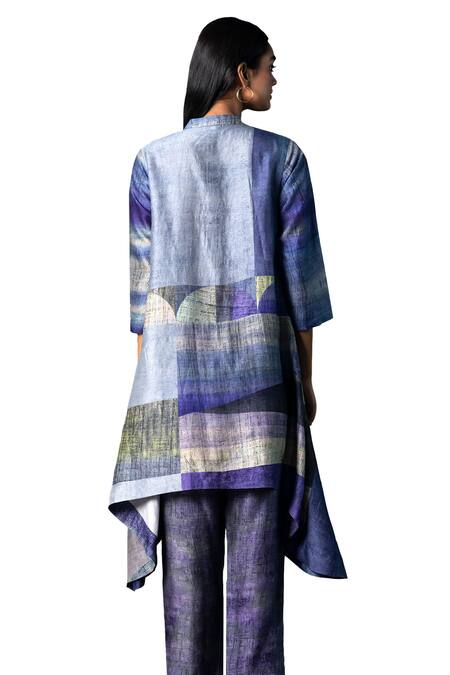 Buy_Clos_Purple Silk Mandarin Collar Abstract Print Asymmetric Kurta With Pant _Online_at_Aza_Fashions