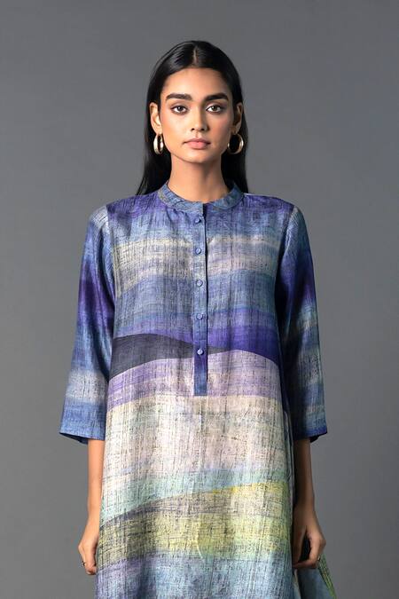 Shop_Clos_Purple Silk Mandarin Collar Abstract Print Asymmetric Kurta With Pant _Online_at_Aza_Fashions