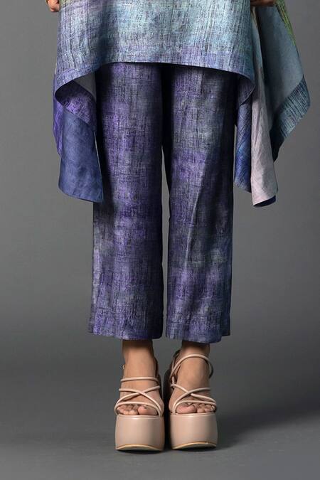 Clos_Purple Silk Mandarin Collar Abstract Print Asymmetric Kurta With Pant _at_Aza_Fashions