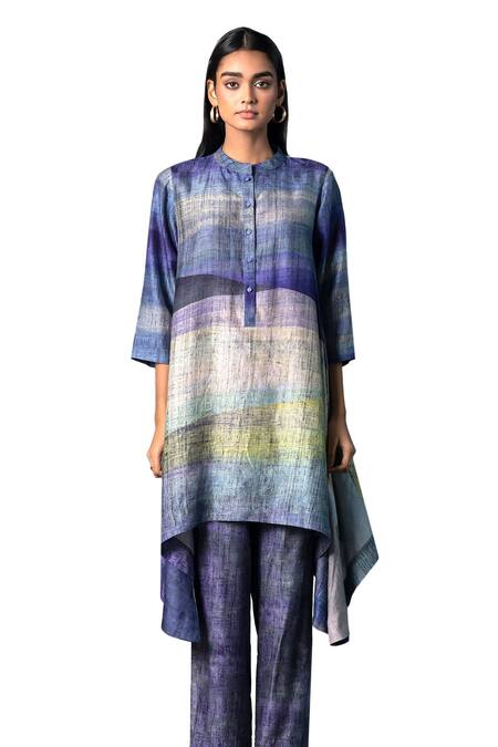 Buy_Clos_Purple Silk Mandarin Collar Abstract Print Asymmetric Kurta With Pant 