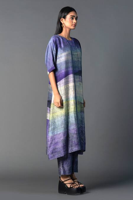 Clos_Purple Silk Round Neck Abstract Print A-line Kurta With Pant _Online_at_Aza_Fashions