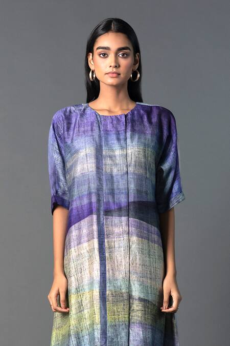 Shop_Clos_Purple Silk Round Neck Abstract Print A-line Kurta With Pant _Online_at_Aza_Fashions