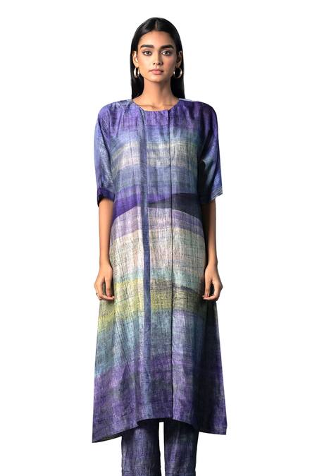 Buy_Clos_Purple Silk Round Neck Abstract Print A-line Kurta With Pant 