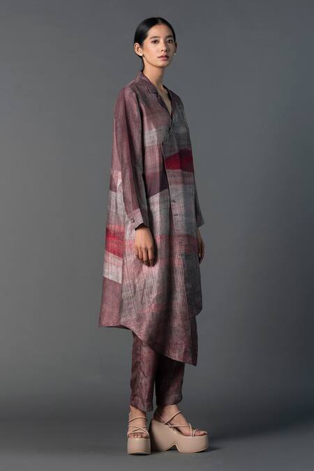 Clos_Brown Silk Collared Indie Vogue Asymmetric Kurta With Pant _Online_at_Aza_Fashions