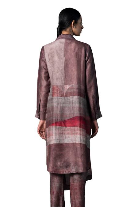 Buy_Clos_Brown Silk Collared Indie Vogue Asymmetric Kurta With Pant _Online_at_Aza_Fashions