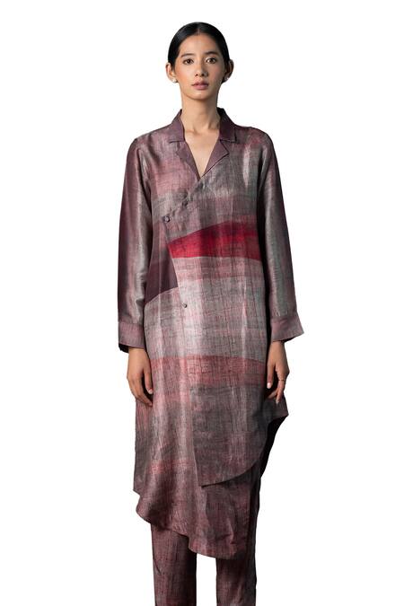 Shop_Clos_Brown Silk Collared Indie Vogue Asymmetric Kurta With Pant _Online_at_Aza_Fashions