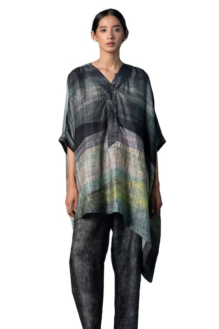 Shop_Clos_Grey Silk V-neck Abstract Print Kaftan Tunic With Pant _Online_at_Aza_Fashions