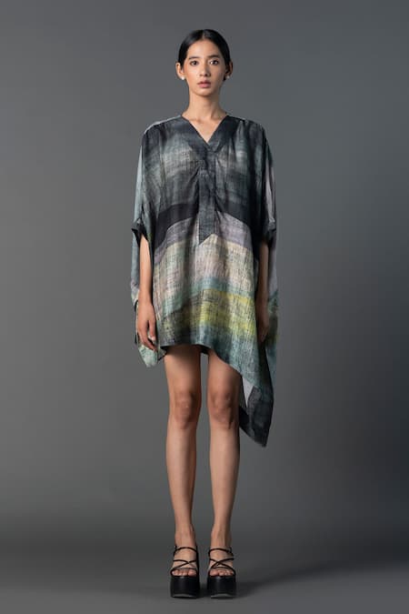 Clos Grey Dupion Silk Printed Abstract V-neck Kaftan Dress