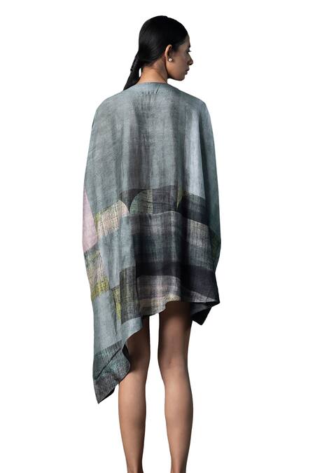 Buy_Clos_Grey Silk V-neck Abstract Print Kaftan Dress _Online_at_Aza_Fashions