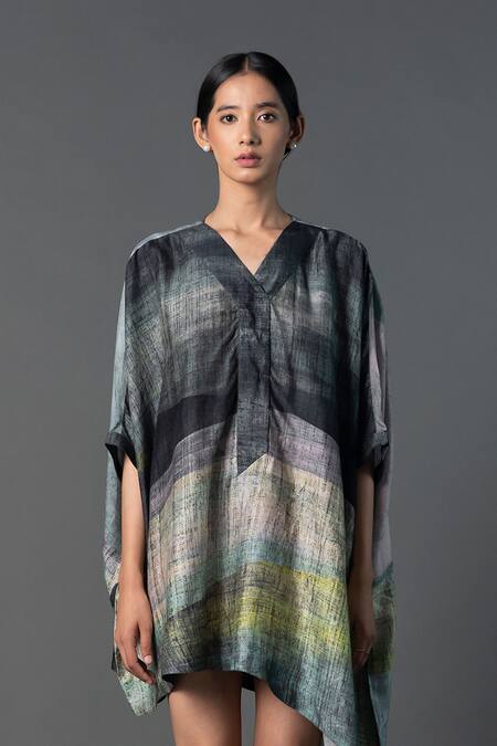 Shop_Clos_Grey Silk V-neck Abstract Print Kaftan Dress _Online_at_Aza_Fashions