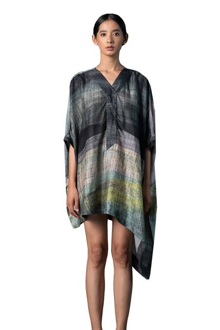 Clos_Grey Silk V-neck Abstract Print Kaftan Dress _at_Aza_Fashions